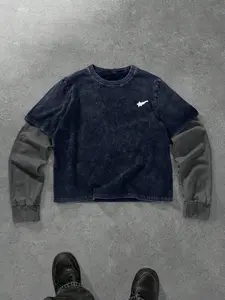 Unisex Graphic Patchwork Long Sleeve T-Shirt, Fitted Casual Streetwear, Short Design, All Seasons, Fashionable Contrast Color Tee