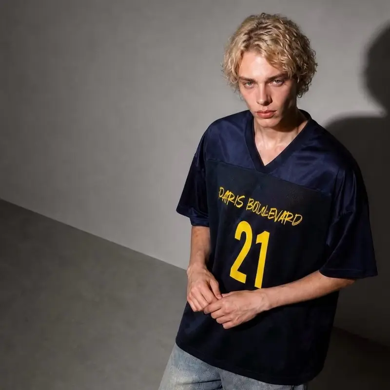 Men's Oversized Mesh V-Neck Short-Sleeve Jersey, Streetwear Casual T-Shirt