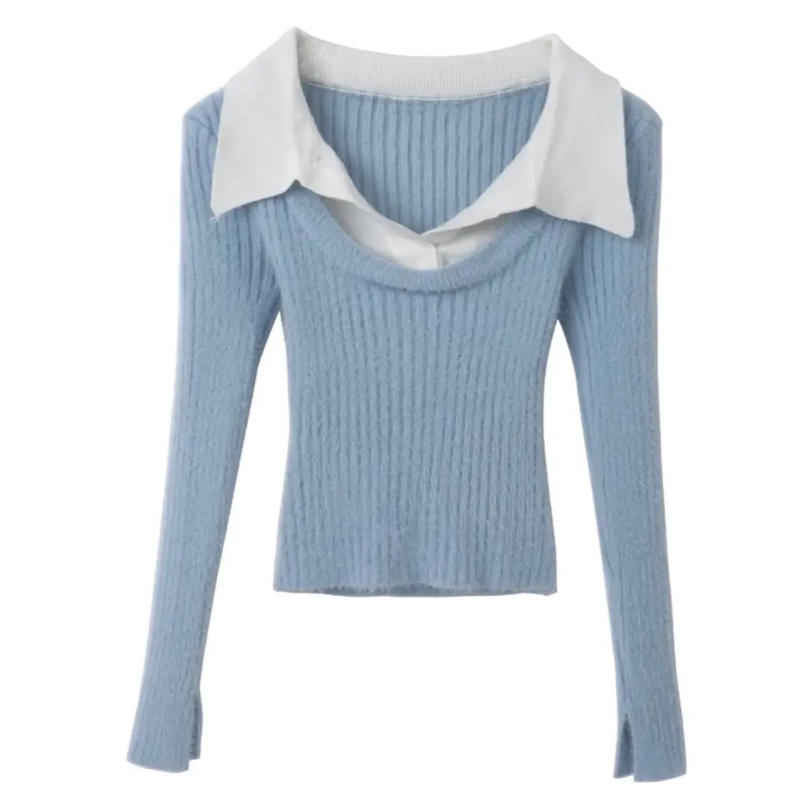 Baby Blue Fuzzy Sweater with Built-in Collar for Women Blouses Womenswear-=%2=-=%2=-=%2= shirt=%2= casual shirt casual