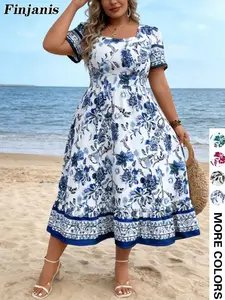 Plus Size Square Neck Blue Floral Print Waist Cinching Vacation Style Short Sleeve A-Line Long Dress, Women's Fashion Clothing
