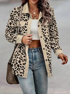 women's leopard print button front drop shoulder shirt coat, casual long sleeve collared pocket blouse for everyday daily wear, ladies clothes for all seasons fall tops for christmas