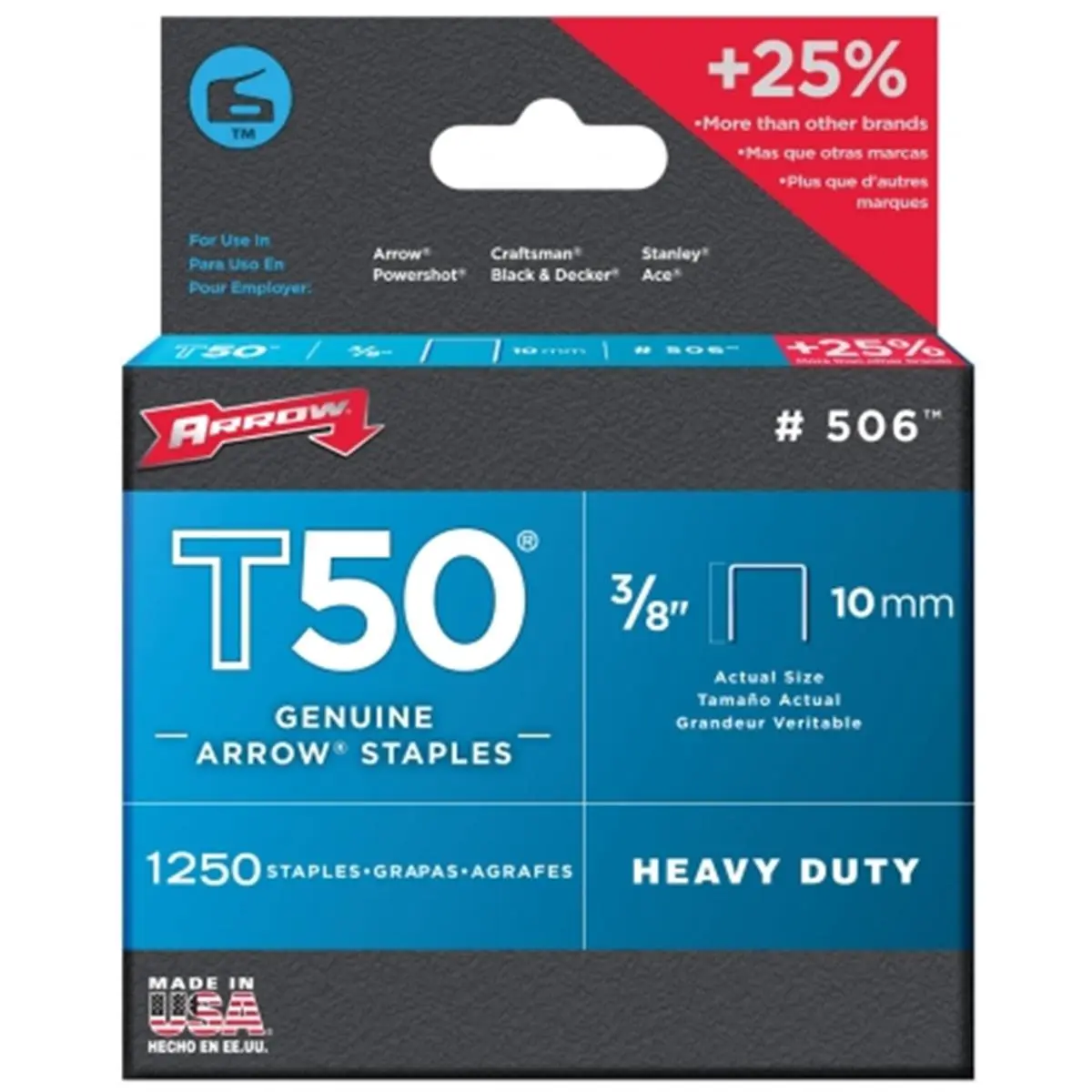 212 MAIN T50 Series Staples, .38 in Office Equipment Part, Arrow Fastener Co. 50624SPTP, T50 Staples