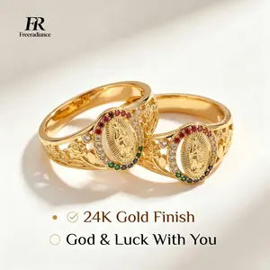 Our Lady of Guadalupe Color Zircon Ring, 24K Gold Finish Vintage Hollow Carved Ring, Religious Prayer Jewelry, Ideal Birthday & Church Gift for Elderly & Faithfu
