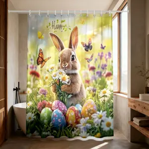 Easter Bunny Egg Shower Curtain, Cute Rabbit Spring Flower Bathroom Decor, Waterproof Polyester Fabric with Hooks, Home Bath Tub Decoration