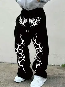 Men's Street Style Loose Fit Sports Pants, Gothic Thorn Crack Pattern Wide Leg Casual Trousers, Fall Fashion Kint Fabric, Athleisure Style Bottoms