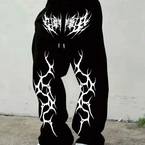 Men's Street Style Loose Fit Sports Pants, Gothic Thorn Crack Pattern Wide Leg Casual Trousers, Fall Fashion Kint Fabric, Athleisure Style Bottoms, Knitted Sports Pants, Knit Athletic Pants