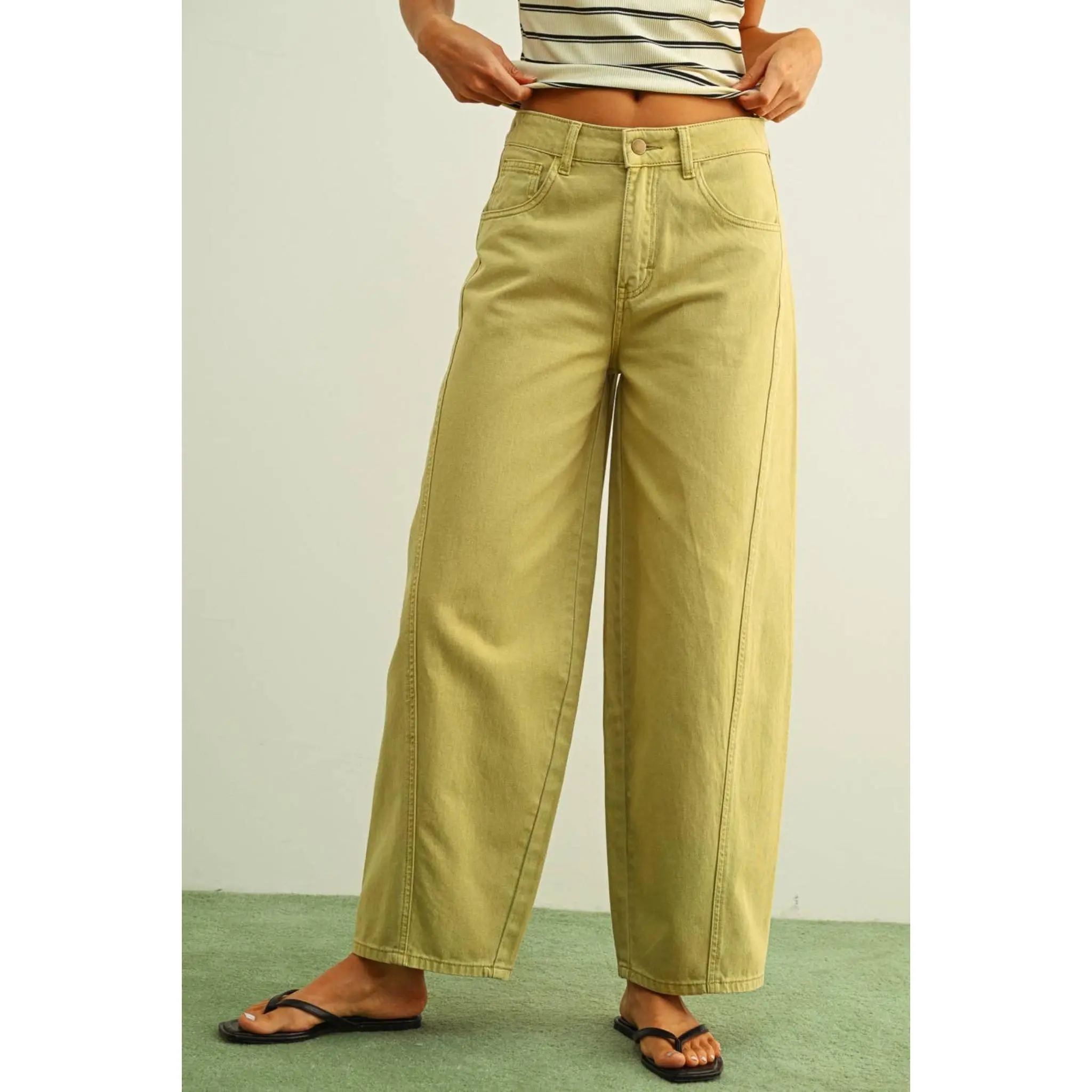 Olive Green Wide-Leg Barrel Jeans