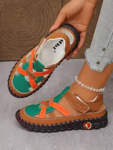 Women's Colorblock Roman Sandals, Summer New Thick Sole Velcro Closed-Toe Hollow Out Casual Shoes, Comfortable and Stylish Footwear