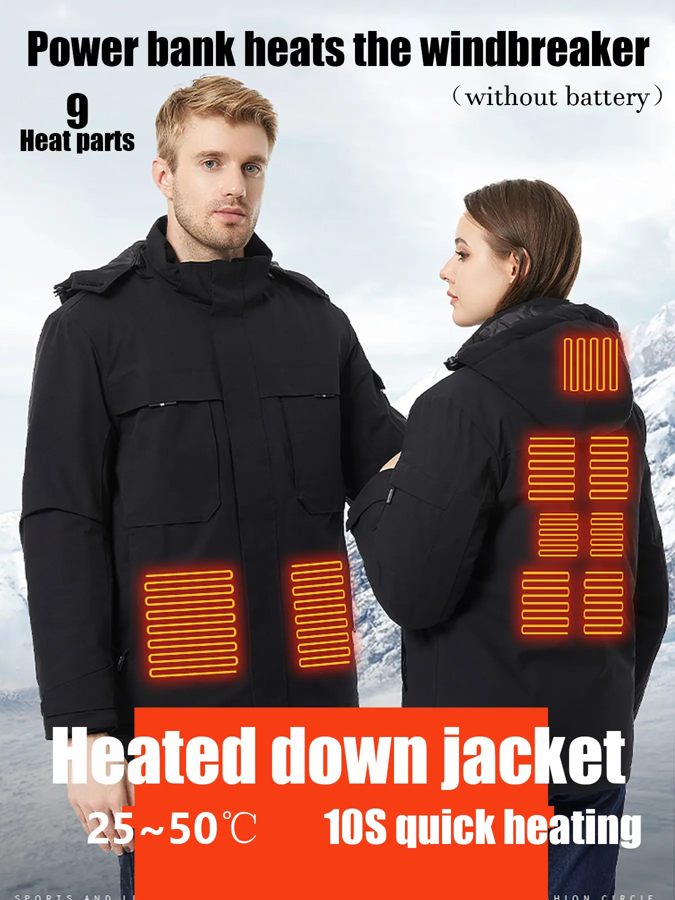 Men's Winter Heated Charging Jacket, Windproof Ski Coat, 9 Heating Zones, Waterproof, Fitted, Outdoor & Daily Use, Fall & Winter