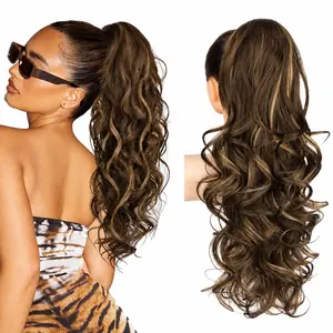 Ponytail Extension 24" Claw Clip Ponytail Extension Long Curly Wavy glueless Ponytails Hair Extensions Jaw Clip on Pony Tails Natural Synthetic Hairpiece for Women Daily Chestnut Brown with Golden Highlights