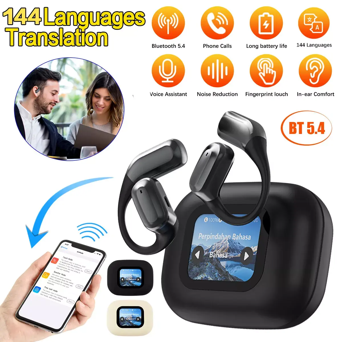Rechargeable Electronic AI Translator Open-Ear Headphone-Earbud with LCD Touch Screen, Smart Mobile App, 144-Language & Accent Support, Charging Case, On-Ear Compatibility for iOS & Android (Travel, Learning Use)
