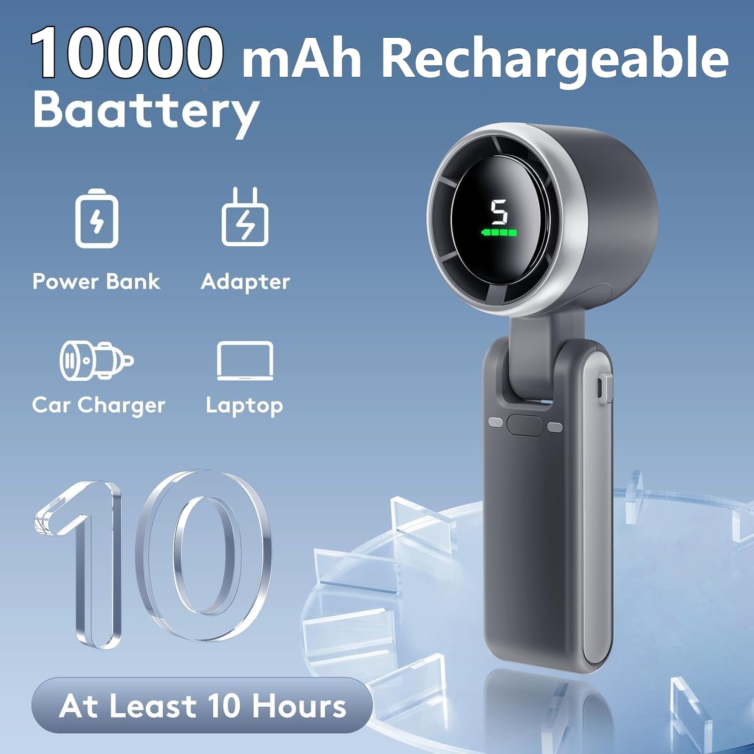 Foldable Handheld Fan, Portable High Speed Rechargeable 10000mAh Mini Turbo Fan, Digital Display, 5 Speed Adjustable Personal Small Pocket, Gifts for Women Men Travel Camp Outdoor Office