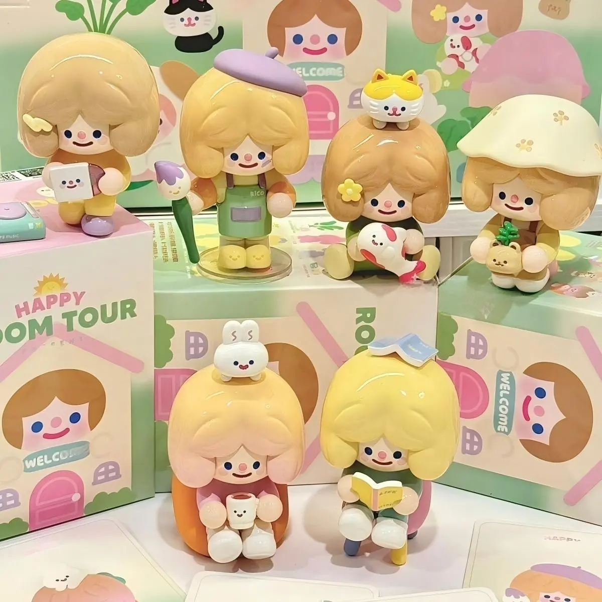 HAPPY ROOM TOUR Series Blind Box Decoration Figures - 10-12cm Cute Healing Collectibles, Original Exclusive Rico IP Eco-Friendly Materials Art Toys, Pearlescent Finish, Gradient Painting, Cottage Vibes Display Decor for Toys Enthusiasts