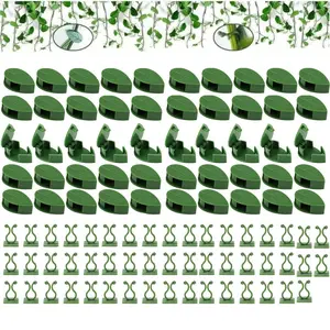 A set of 100 Pieces Green Plastic Climbing Wall Clips with 110 Pieces Acrylic Adhesive Sticker Self-Adhesive Support Fixing Hooks, Sticky Garden Vine Holder for Pothos and Decorative peony cages kit