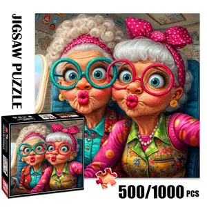 1pc 1000 piece adult puzzle 58x58cm Two Elderly Ladies with Big - Rimmed Glasses Making Kissy Faces 500 pieces Colorful paper jigsaw puzzle suitable for DIY creative games for adults and families, birthday