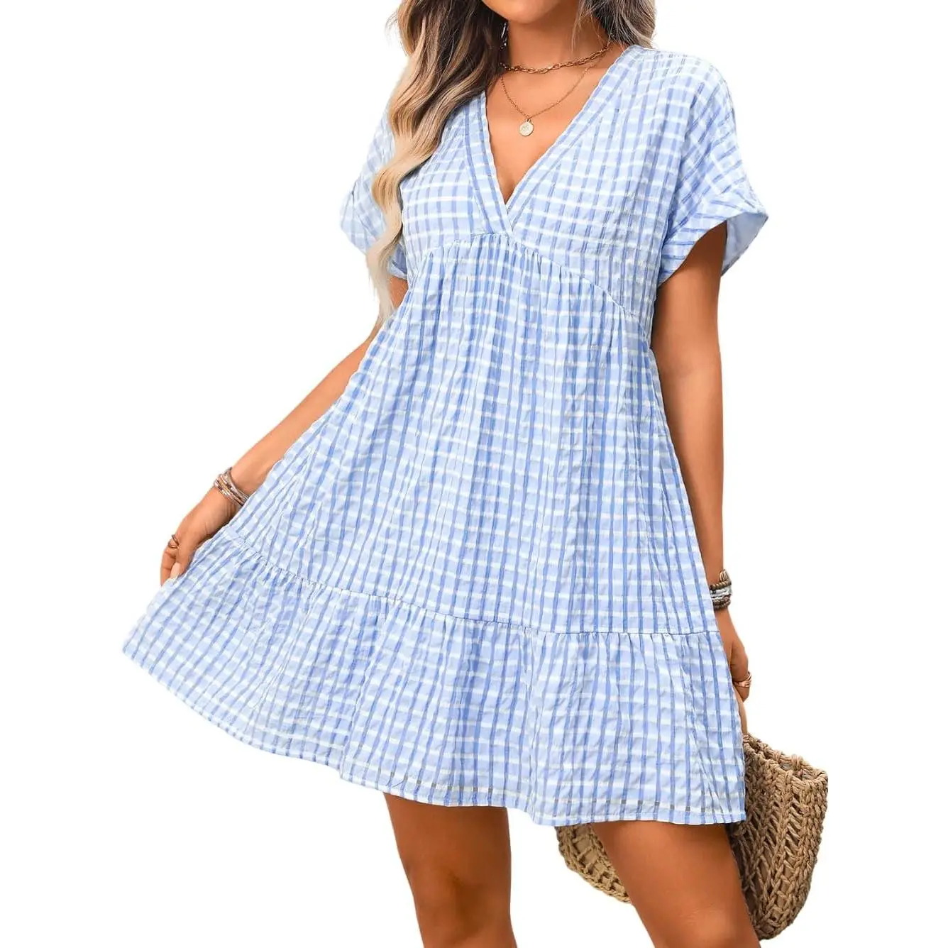 Kaei&Shi Gingham Dress Women,Short Sleeve Babydoll Sundress for Women,Cottage Core Vacation Picnic Farm Dresses