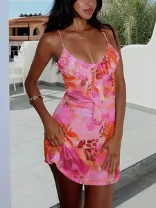 Printed Floral Ruffle Trim Halter Mini Dress, Casual Vacation Party Dress, Stylish Chic Summer, Perfect for Beach & Pool Parties