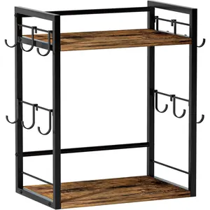 2 Tier Coffee Bar Accessories and Organizer, Multi-functional Mug Holder with 12 Hooks, Wood Coffee Station Organizer, Kitchen Countertop Shelf (Rustic Brown)