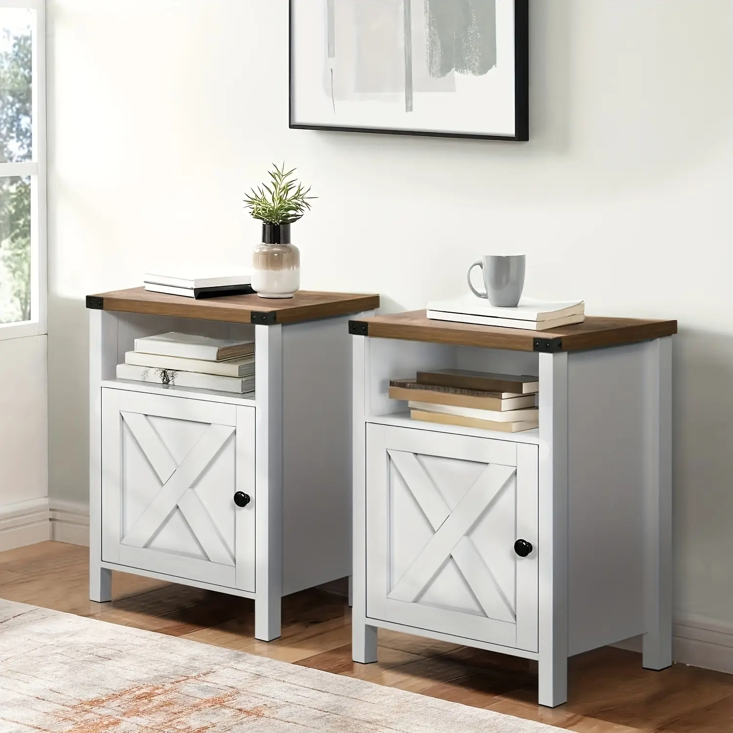 White Rectangular Rustic Modern Farmhouse End Table - 1/2 Pack Compact Wooden Nightstand with Barn Door, Storage Shelf, Wooden Top Narrow Entryway Table for Bedroom, Living Room