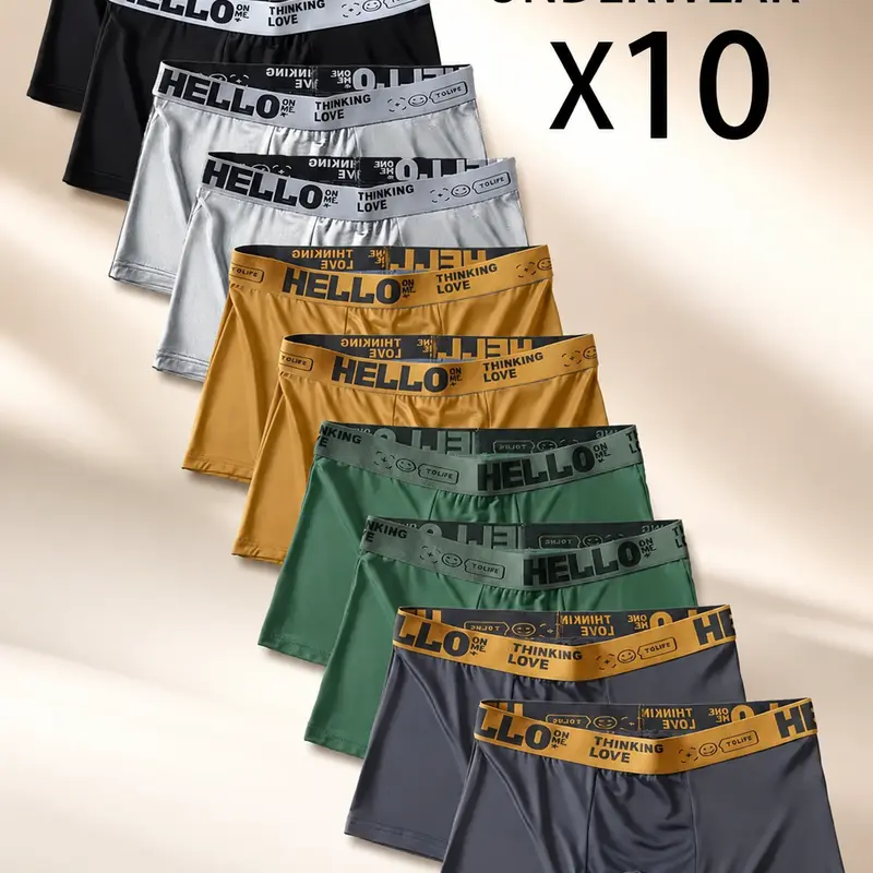 10 Pack Men’s Stretch Boxer Briefs (Please Size Up), Letter Tape Waistband, Soft Breathable Underwear, Comfortable Boxers for Daily & Active Wear