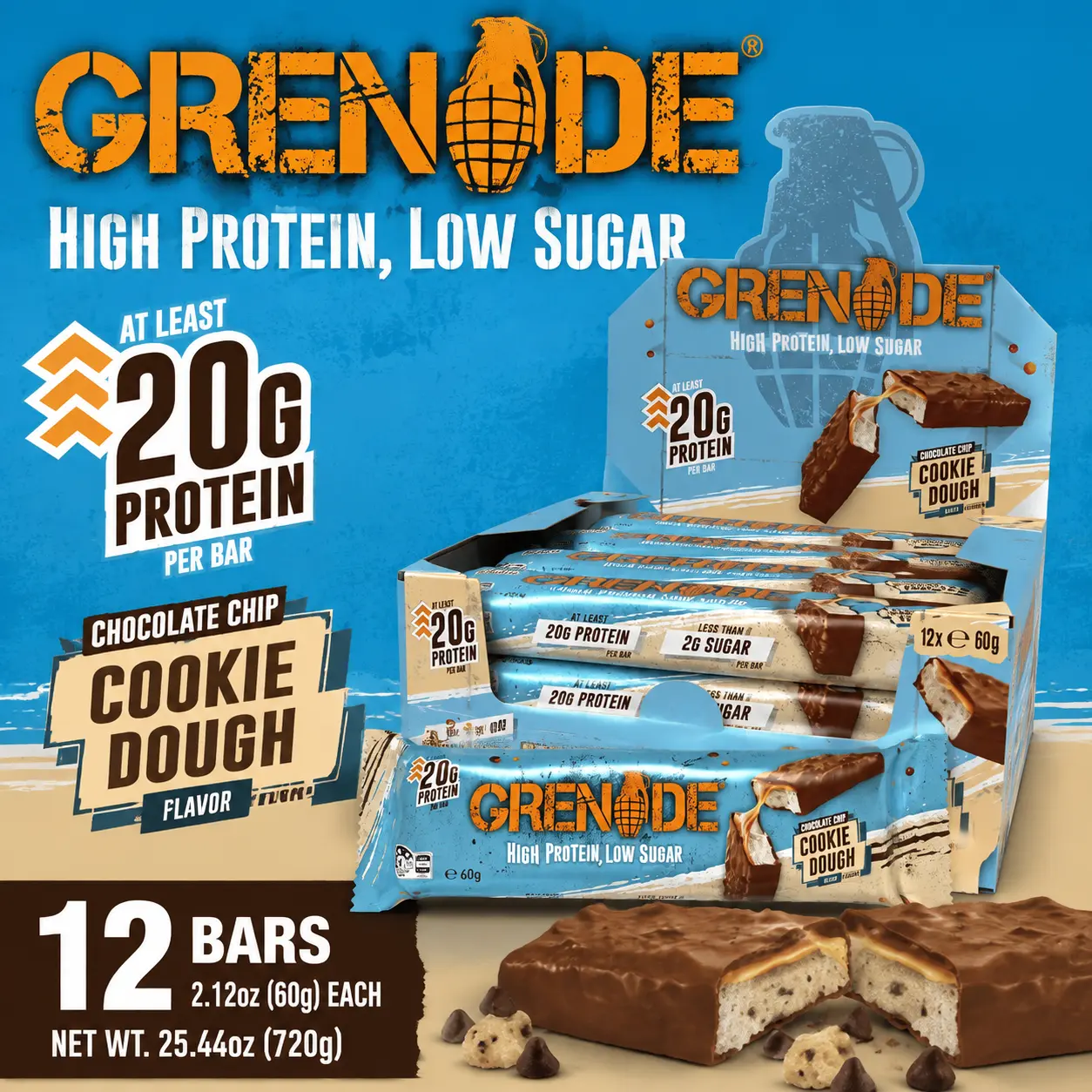 Grenade UK Protein Bar Chocolate Chip Cookie Dough 2.12 oz 12 Count  High Protein Snack Bars | Imported British Fitness Treats