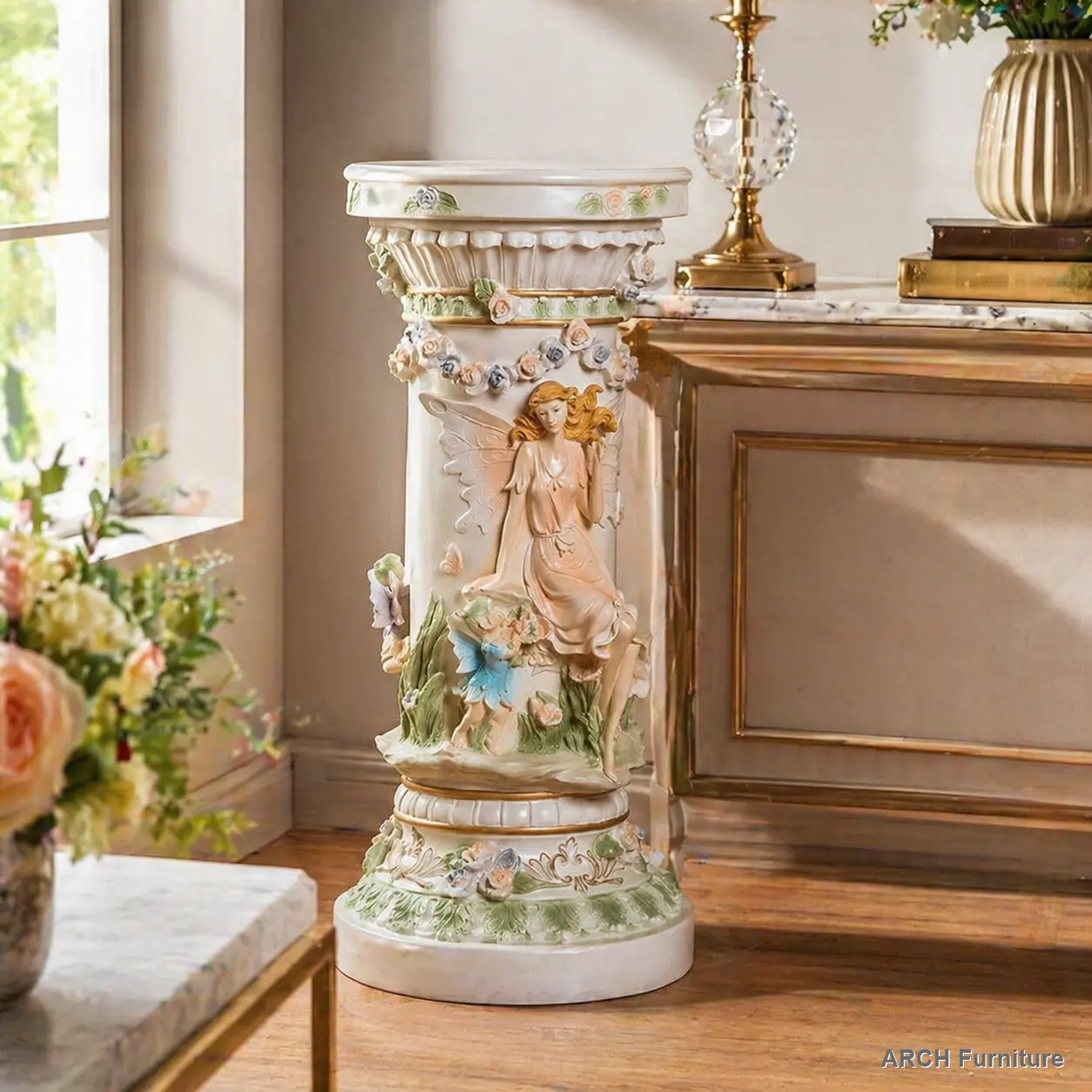 33" Antique Luxury Resin Roman Column Pedestal with Fairy-Floral Relief - Decorative Pillar Flower Ornaments Display Stand for Living Room, Entryway Home Aesthetic Festive Decor Supplies