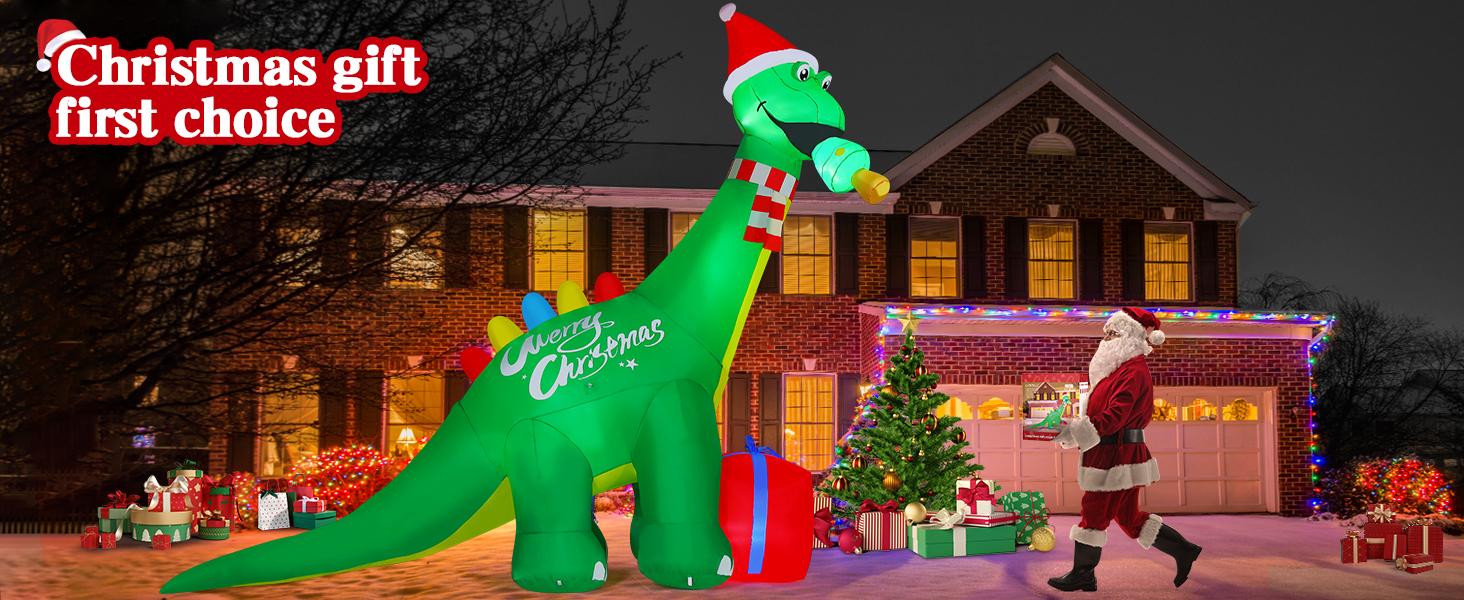 GOOSH 11.8 FT Christmas Inflatables Dinosaur Outdoor Decorations Blow Up Yard Giant Green Dinosaur and Red Gift Box with Built-in LEDs