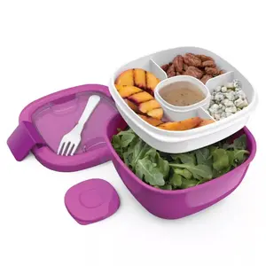 Salad Stackable Lunch Container with Large 54oz Bowl, 4-Compartment Tray & Built-In Fork Color Purple