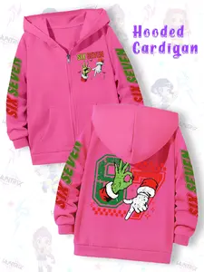 Girls' Fun Number Print Hoodie, Fashionable Long Sleeve Zipper Jacket, Christmas Cartoon Pattern, Casual Daily Wear, Essential Gift