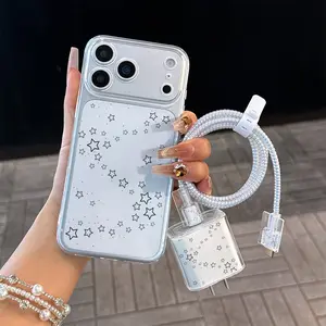 6 Piece Set Transparent Line Star Pattern Phone Case, Charger Head Cover, Cable Protector, Storage Rope, Data Wire Wrap, for iPhone 11-16 Pro Max