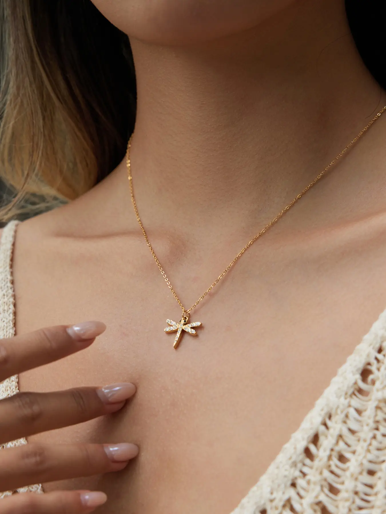Ladies Pendant Necklaces With Diamond Dragonfly Pendant Stainless Steel 18k Gold Plated Waterproof And Anti Allergy Classic Style Elegant And Fashionable Festival Jewelry Gift Daily Wear Necklace