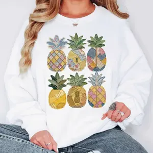 Patchwork Pineapple Sweatshirt Summer Fruit Crewneck Tropical Shirt Cute Pineapple Graphic Cottagecore Gift ( Not real Patchwork )