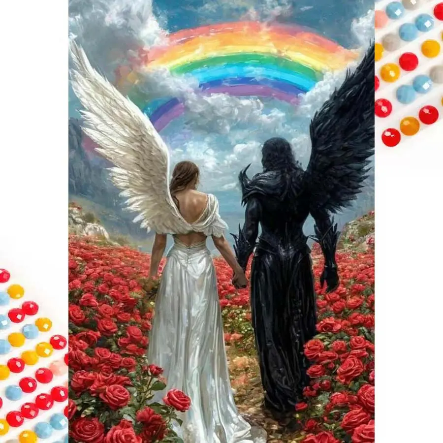 5D DIY Full Drill Round Diamond Painting - Diamond Art Kit Angel Devil, Rainbow, Rose Mosaic, Canvas - DIY Decorative Painting, Home Wall Decor, Suitable for Halloween and Christmas, Birthday and Anniversary Gifts