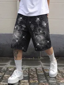 American Street Style Rhinestone Cross Stitch Jeans Shorts, Wash Loose Fit Jorts, Gen Z Summer High Street Fashion