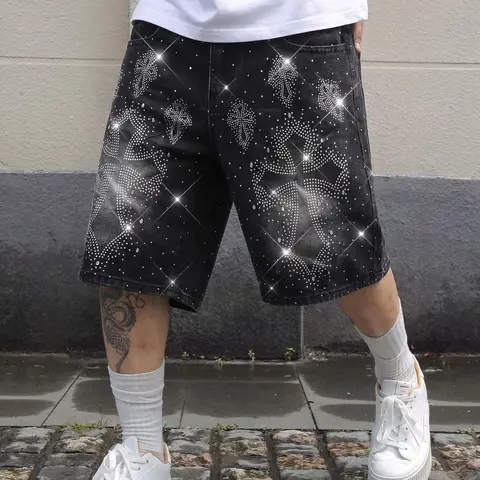 American Streetwear Style Rhinestone Cross Stitch Jeans Shorts, Wash Loose Fit Jorts, Gen Z Summer High Street Fashion, Casual Jorts Shorts