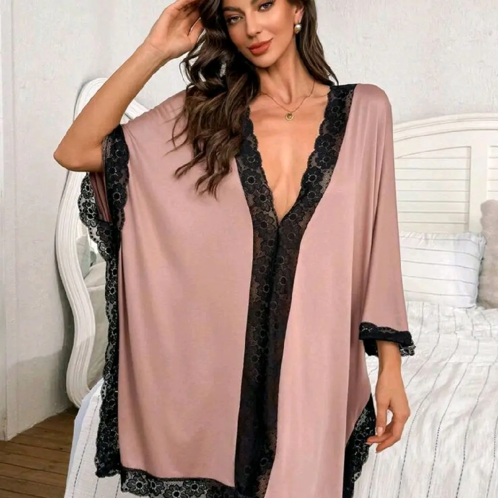 Women's Contrast Color Contrast Lace Batwing Sleeve Loose Dress, Winter Lace Sleepwear Lingerie Robe Set Lingerie Sleepwear Dress