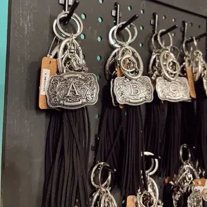 Western Belt Buckle Black Tassel Keychain with Silver Initials