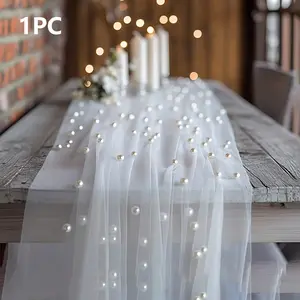 Pearl Beaded Sheer Fabric, Table Runner, Ceremony Backdrop, Home Decor, Room Decoration, Birthday Party, Valentine's Day, Pearl Beading