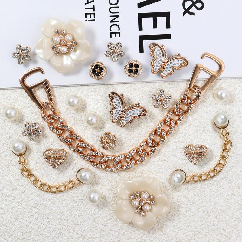 24 Pcs Bling Shoe Charms for Women with Flower Pearl Sparkling Chains & Unique Shapes DIY Accessories for Clog Rhinestone Shoes Chain Charm Cute Shoe Charms for Birthday Party