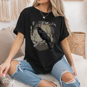 Crow F-CAW-F Raven Top, Unisex Heavy Cotton T-Shirt for Bird Lovers, Casual Wear, Halloween Costume, Mystic Graphic Tee Comfort, Breathable Collar Fit