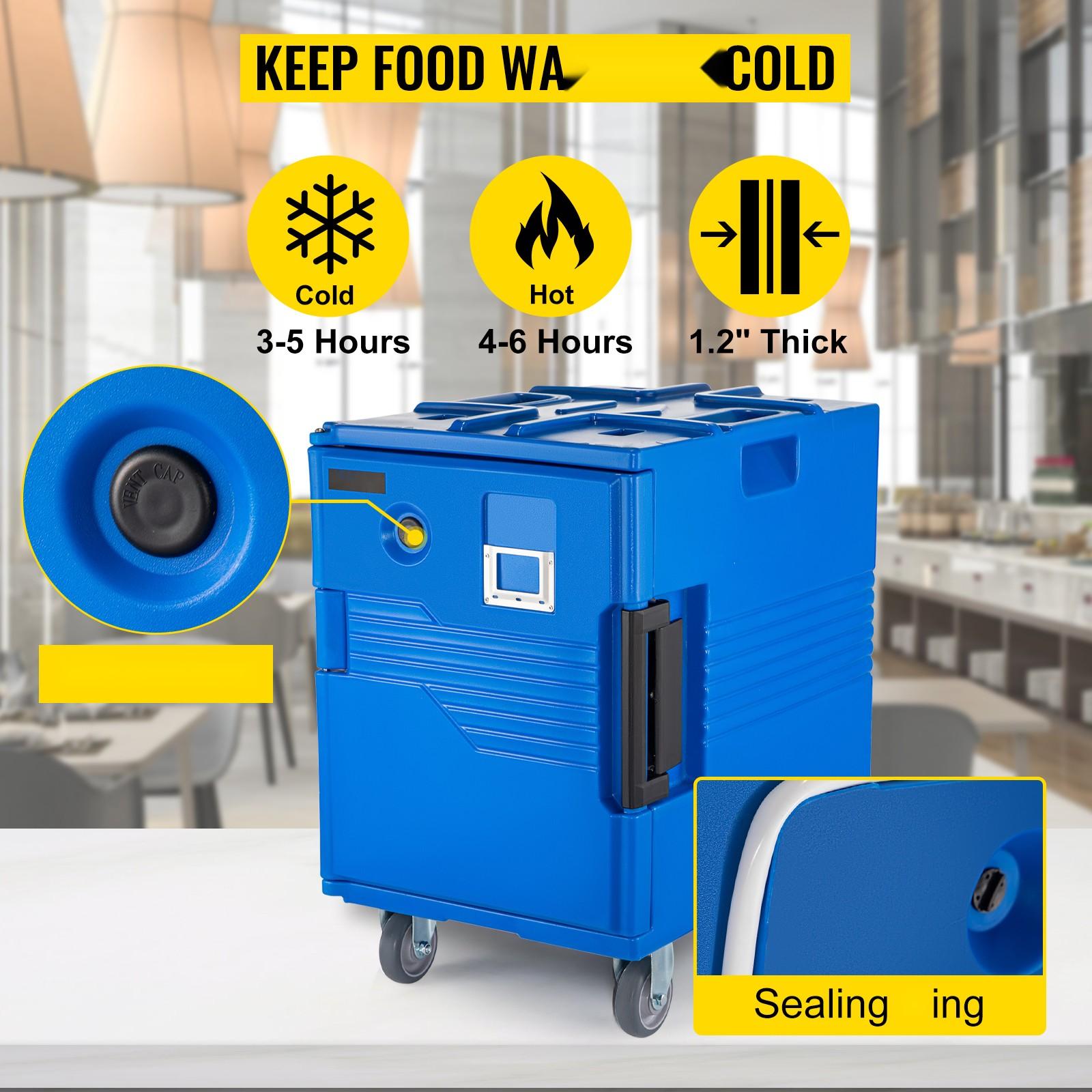 Insulated Food Pan Carrier 82 Qt Hot Box for Catering, LLDPE Food Box Carrier with One-Piece Buckle, Front-Loading Food Warmer with Handles, End Loader with Wheels for Restaurant, Canteen, Cafeteria, Buffet Service, Durable Blue