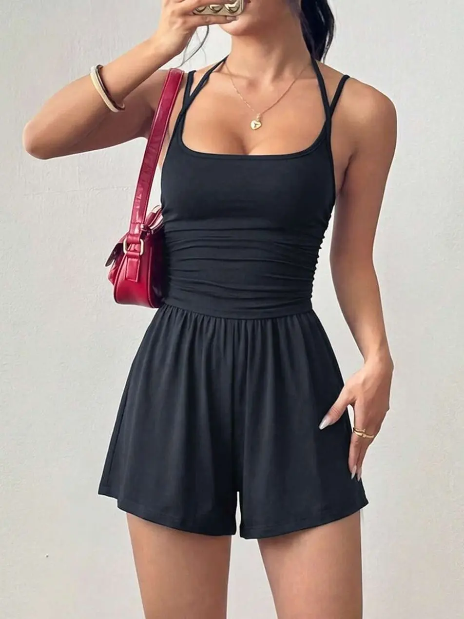 Women's Pleated Straight Leg Jumpsuit, Sleeveless Loose Fit Romper for Spring and Summer Casual Outings
