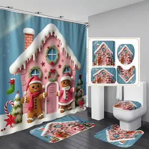 1/3/4PCS Christmas pink gingerbread house gingerbread figures Shower Curtain Set with Rugs, Non Slip Bath Mat, U-Shape Carpet, Toilet Lid Cover, Polyester Fabric Bathtub Curtain Accessories, 12 Hooks, Home Bathroom Festival Decor