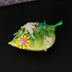 Vintage Enamel Leaf Frog Jewelry Box, Trendy Rhinestone Storage Organizer, Solve Vanity Clutter, Natural Style Decorative Accessory