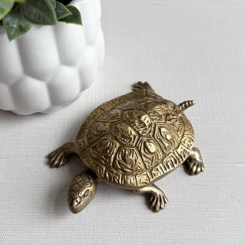 Antiqued Brass Turtle Box with Removable Lid, Turtle Figurine