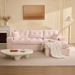 【2 Packages Shipping】Boneless Sectional Couch,Modular Sectional Sofa, 102” L-Shaped Corduroy Couch with 1 Ottoman, Deep Seat Comfy Sectional for Living Room, Set of Soft Upholstered Cloud Couch for Apartment，Furniture,Sofa Bed Couch,Pink Couch