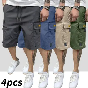 Men’s cargo casual shorts with drawstring waist, multi-pocket design with letter branding, 4-pack everyday shorts | Drawstring Waist Shorts | Lightweight Shorts | Cargo Shorts,Summervibes