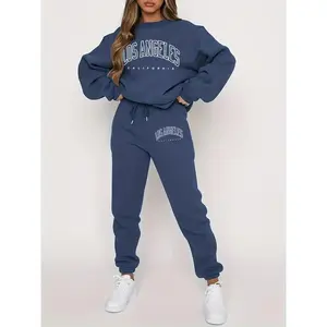 Casual Letters Printed Pants Suit, round Neck Loose Pullover Sweatshirt and Drawstring Waist Jogger Pants Autumn and Winter, Women's Clothing Fashion Long Sleeve Womenswear Bottoms Fabric Collar Knitting Pocket Polyester Style