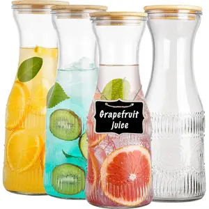 Glass Carafe Pitchers with Lids, Set of 4 1 Liter Embossed Designed Beverage Pitcher Carafe Set for Mimosa Bar, Juice Container for Brunch, Cold Water, Juice -With 4 Wooden Chalkboard Tags