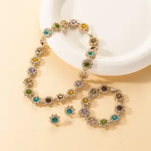 Colorful Rhinestone Necklace Women's Graceful Personality Gem Necklace, Light Luxury High-Grade Earrings Bracelet Suit
